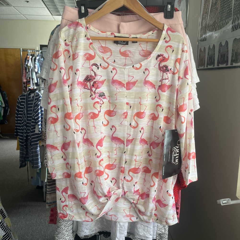 Onque Casuals Pink and White Tie Front Flamingo Tee